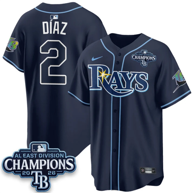 Men's Navy Tampa Bay Rays #2 Yandy Díaz 2026 AL East Champions Patch Limited Stitched Baseball Jersey