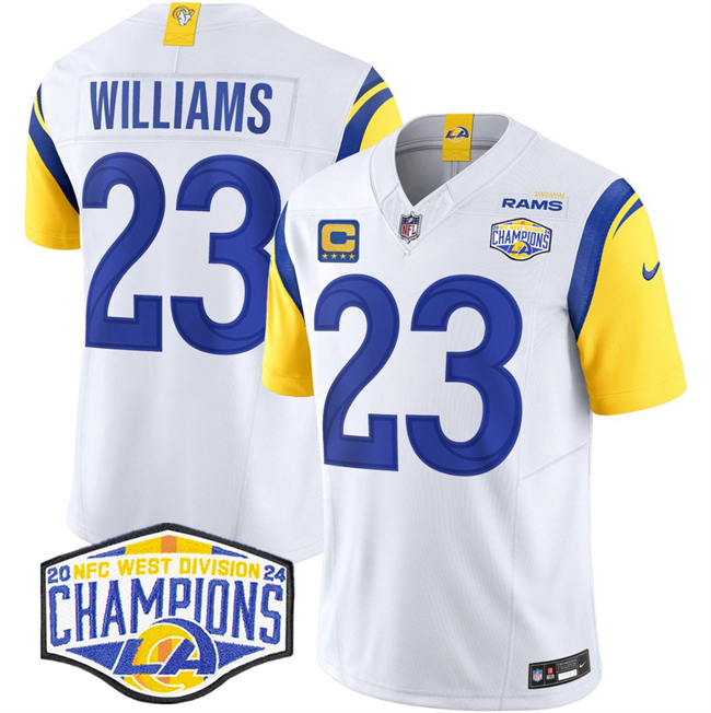Men's White Los Angeles Rams #23 Kyren Williams 2024 NFC West Champions With 4-Star C Patch F.U.S.E. Vapor Untouchable Stitched Football Jersey