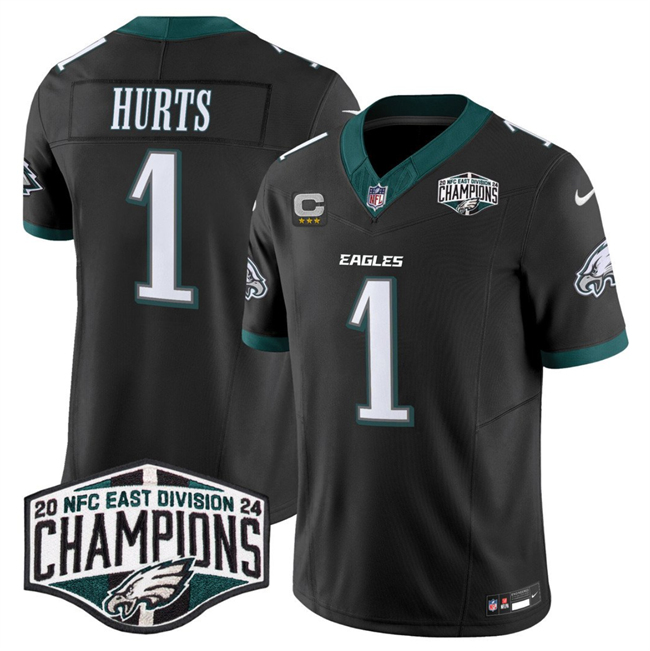 Men's Black Philadelphia Eagles #1 Jalen Hurts 2024 New NFC East Champions With 3-Star C Patch F.U.S.E. Vapor Untouchable Limited Stitched Football Jersey