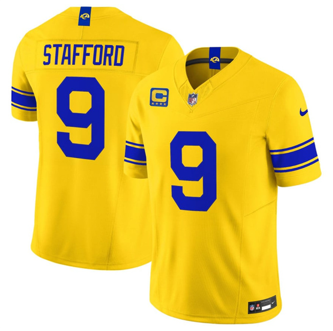 Men's Gold Los Angeles Rams #9 Matthew Stafford Classic Sol 2026 F.U.S.E. 4-Star C Patch Vapor Limited Stitched Football Jersey