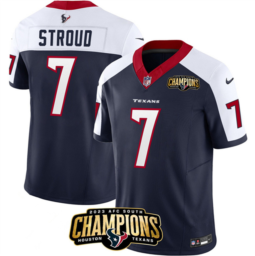 Men's Navy/White Houston Texans #7 C.J. Stroud 2023 F.U.S.E. AFC South Champions Patch Limited Stitched Football Jersey