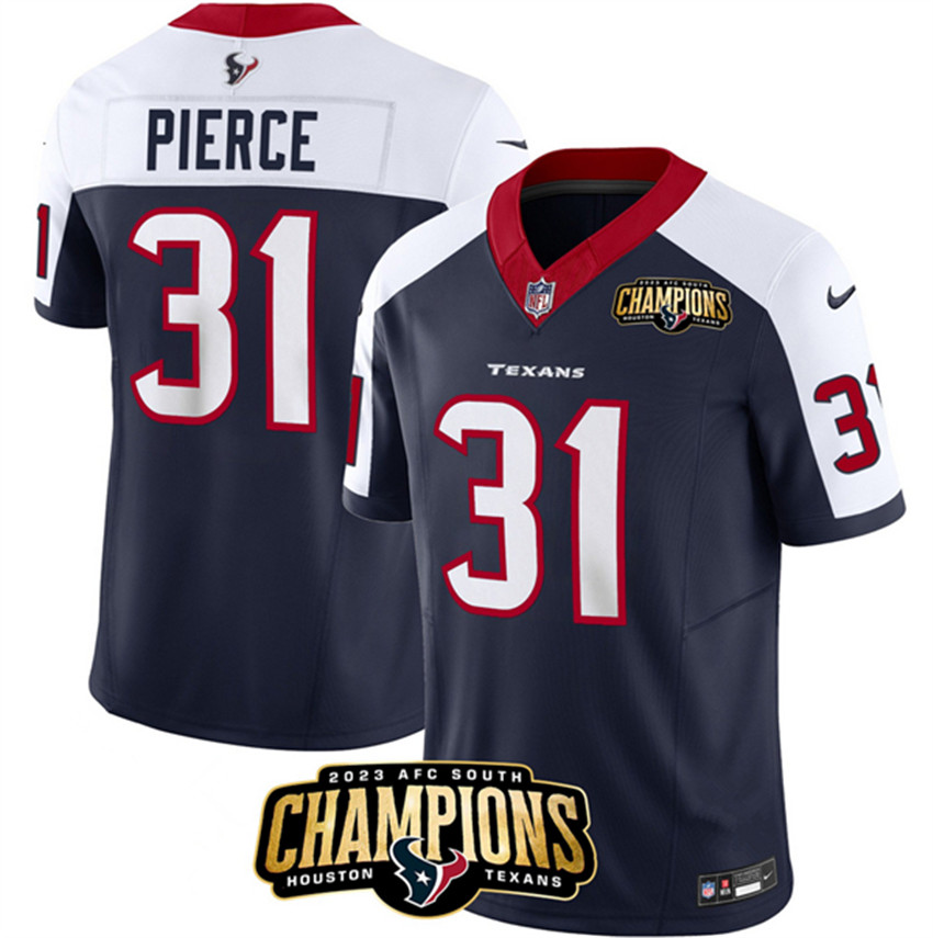 Men's Navy/White Houston Texans #31 Dameon Pierce 2023 F.U.S.E. AFC South Champions Patch And Team Logo Patch Limited Stitched Football Jersey