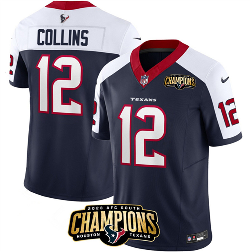 Men's Navy/White Houston Texans #12 Nico Collins 2023 F.U.S.E. AFC South Champions Patch Limited Stitched Football Jersey