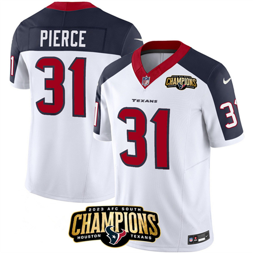Men's White/Navy Houston Texans #31 Dameon Pierce 2023 F.U.S.E. AFC South Champions Patch And Team Logo Patch Limited Stitched Football Jersey