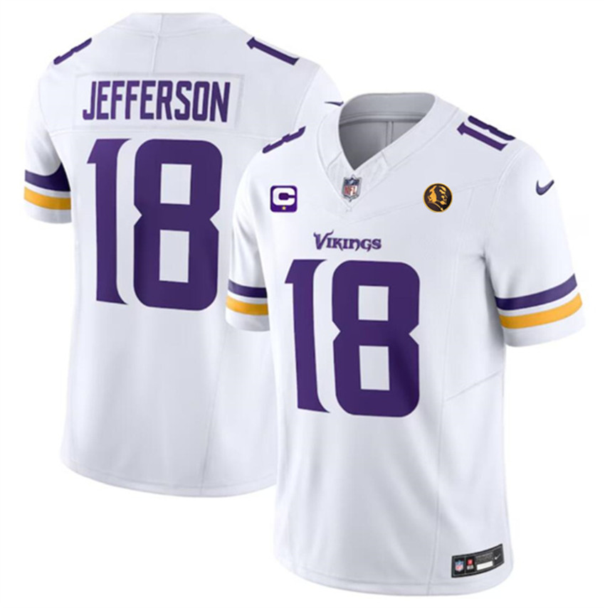Men's White Minnesota Vikings #18 Justin Jefferson 2023 F.U.S.E. With 1-star C Patch And John Madden Patch Vapor Limited Stitched Football Jersey