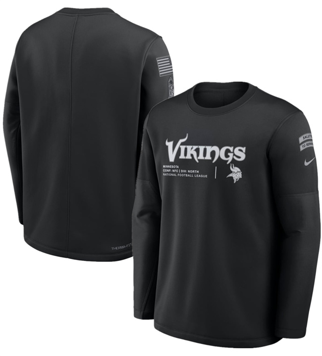 Men's Black Minnesota Vikings 2026 Salute to Service Sideline Coaches Crewneck Therma-FIT Sweatshirt