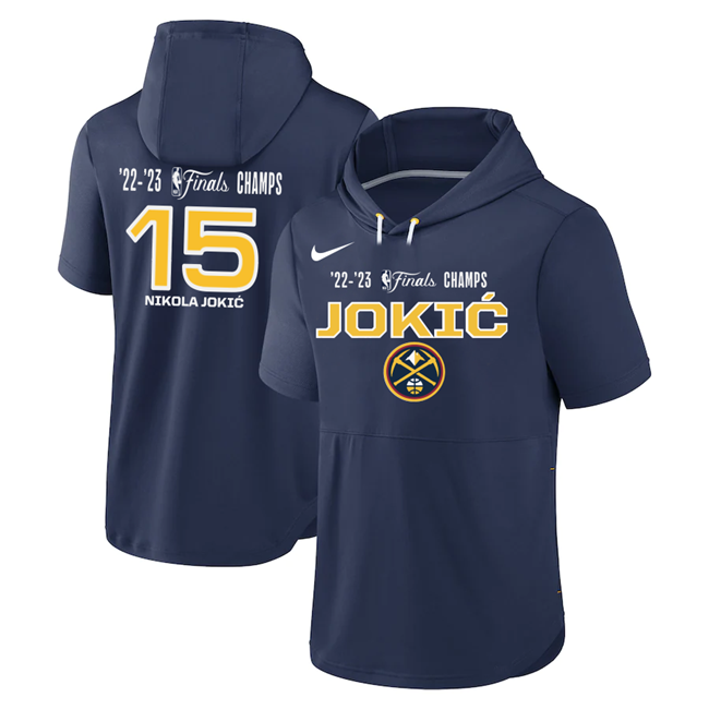Men's Navy Denver Nuggets #15 Nikola Jokic Performance Short Sleeve Pullover Hoodie