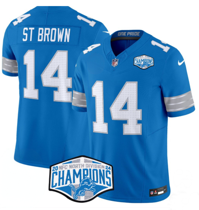 Men's Blue Detroit Lions #14 Amon-Ra St. Brown 2024 NFC North Champions F.U.S.E. Vapor Limited Stitched Jersey