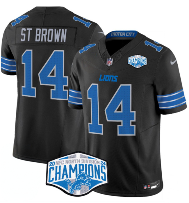 Men's Black Detroit Lions #14 Amon-Ra St. Brown 2024 NFC North Champions F.U.S.E. Vapor Limited Stitched Jersey