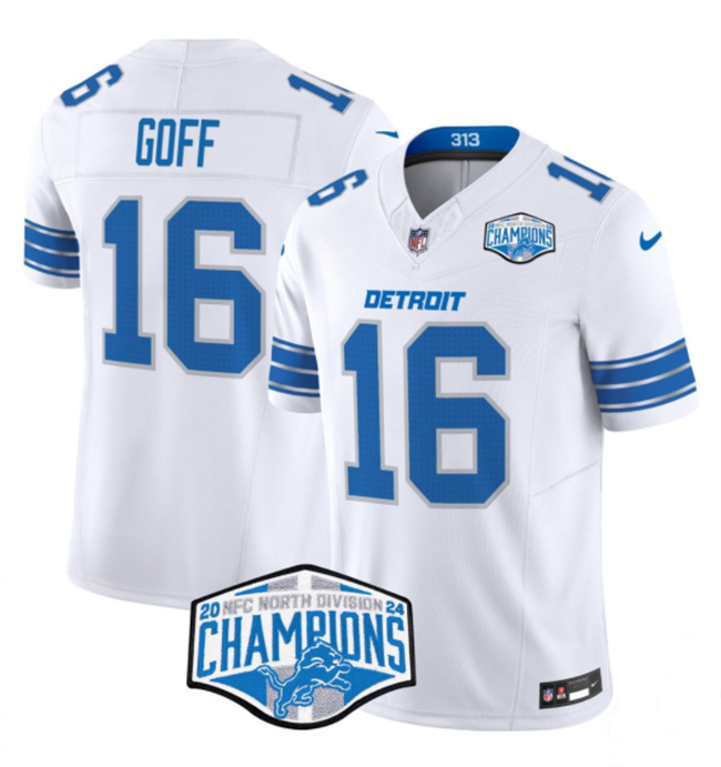 Men's White Detroit Lions #16 Jared Goff 2024 NFC North Champions F.U.S.E. Vapor Limited Stitched Jersey