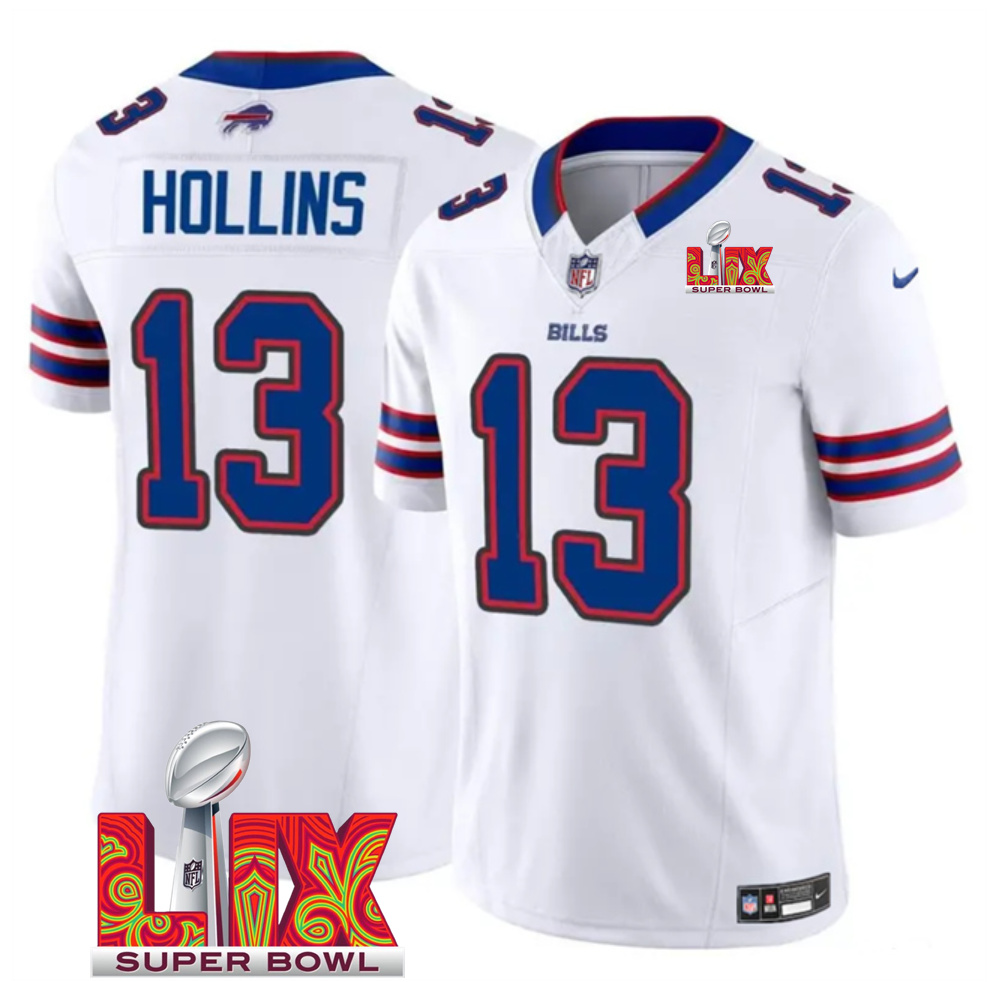 Men's White Buffalo Bills #13 Mack Hollins 2025 Super Bowl LIX Patch F.U.S.E. Vapor Limited Stitched Football Jersey