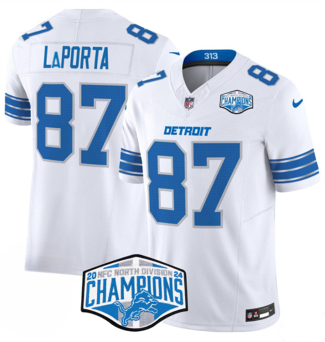 Men's White Detroit Lions #87 Sam LaPorta 2024 NFC North Champions F.U.S.E. Vapor Limited Stitched Jersey