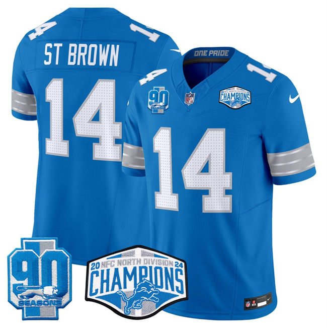 Men's Blue Detroit Lions #14 Amon-Ra St. Brown 2024 NFC North Champions 90th Anniversary Patch F.U.S.E. Vapor Limited Stitched Jersey