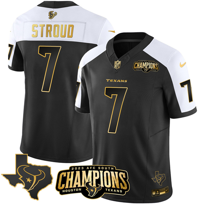 Men's Black/White Golden Houston Texans #7 C.J. Stroud 2023 F.U.S.E. With AFC South Champions Patch And Team Logo Patch Limited Stitched Football Jersey