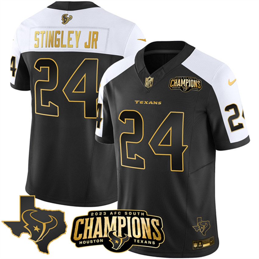 Men's Black/White Golden Houston Texans #24 Derek Stingley Jr. 2023 F.U.S.E. With AFC South Champions Patch And Team Logo Patch Limited Stitched Football Jersey