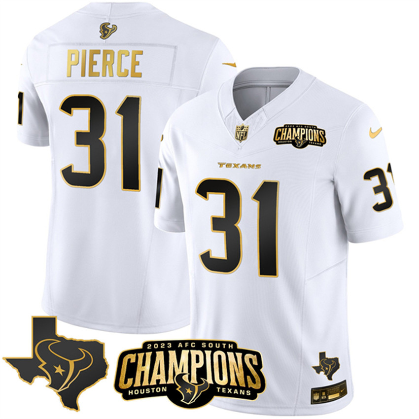 Men's White Golden Houston Texans #31 Dameon Pierce 2023 F.U.S.E. With AFC South Champions Patch And Team Logo Patch Limited Stitched Football Jersey